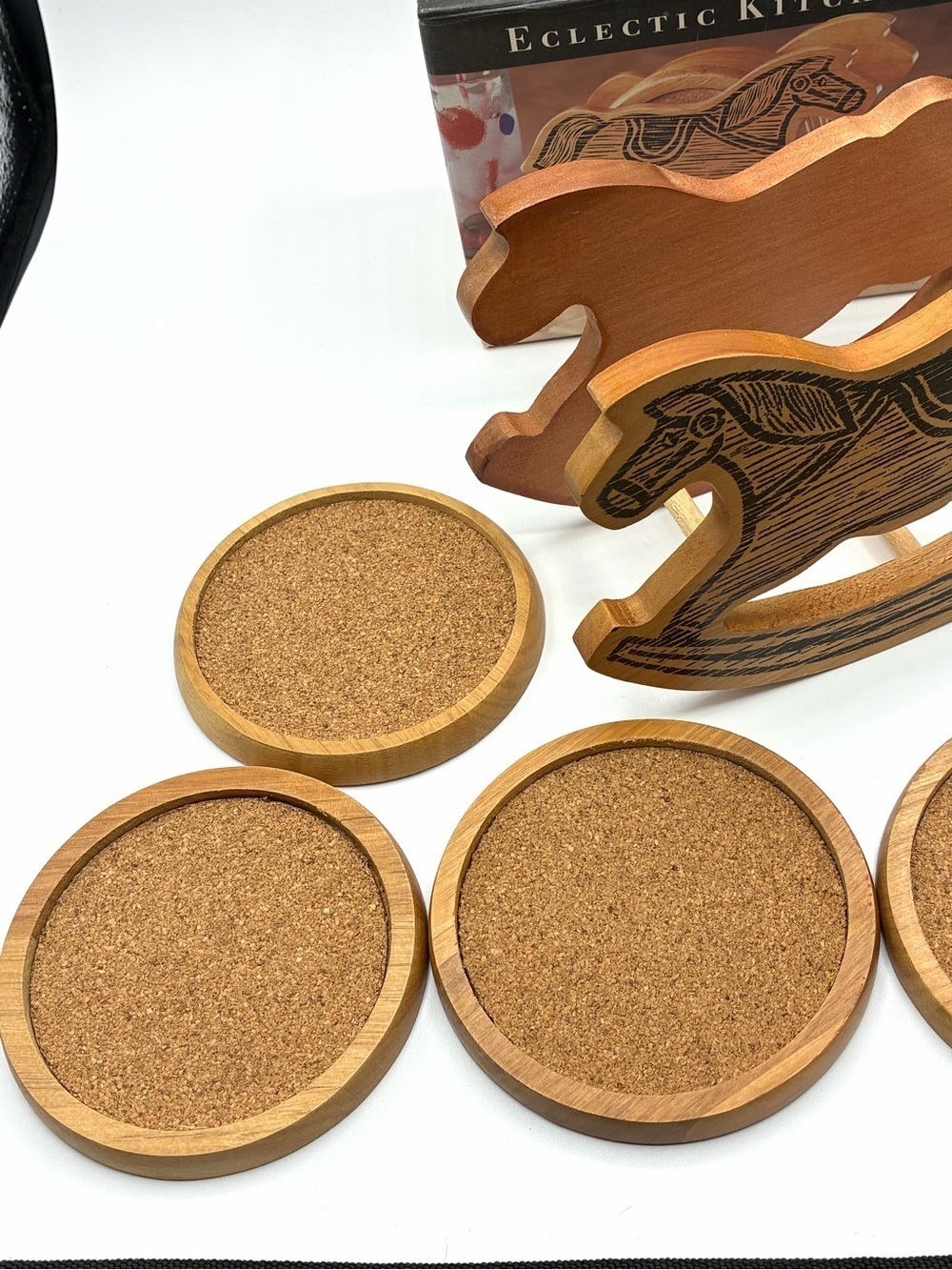 Vintage Via Eclectic Kitchen Rocking Horse Wood Coaster Set Cork 6pc - Picture 8 of 15